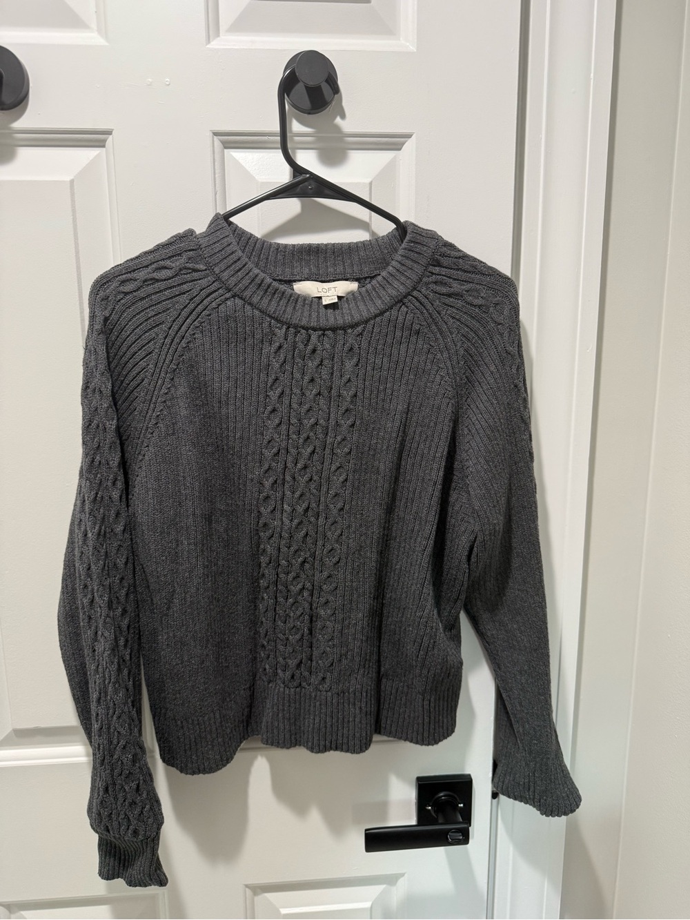 LOFT Charcoal Cable Knit Crewneck Sweater